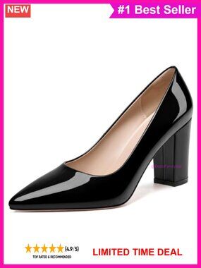 Pointed Toe Chunky Block Heel Pumps 3.54 Inch Comfortable Formal Dress Shoes
